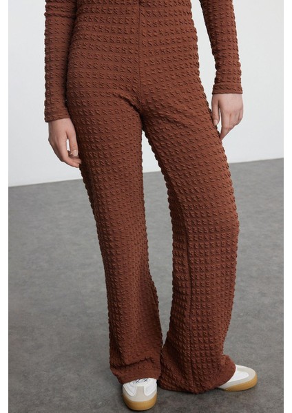 Kadın Moda Şık Boru Paça Uzun Boy Dokulu Fitted Vücuda Oturan Esnek Örme Alt-Üst Takım