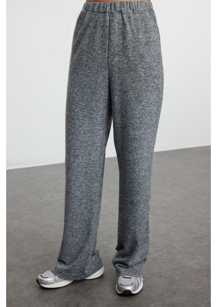 Kadın Moda Şık Regular Kısa Boy Uzun Kollu Kapüşonlu Yumoş Esnek Örme Bluz ve Pantolon Alt-Üst Takım