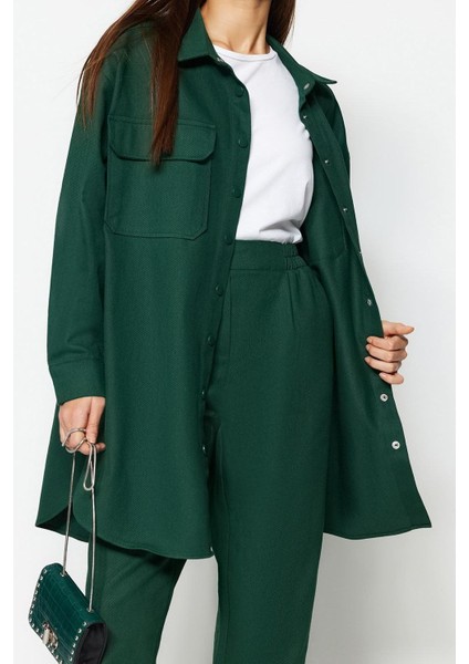 Kadın Moda Şık Boru Paça Uzun Kollu Cep Detaylı Çıtçıt Kapama Gömlek-Pantolon Dokuma Takım