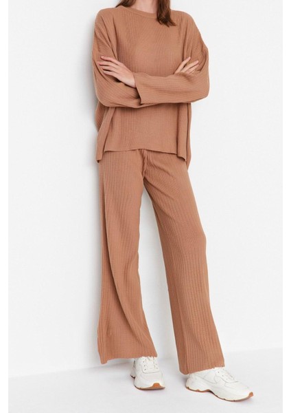 Kadın Moda Şık Boru Paça Regular Boy Uzun Kollu Basic Bisiklet Yaka Triko Alt-Üst Takım modelleri