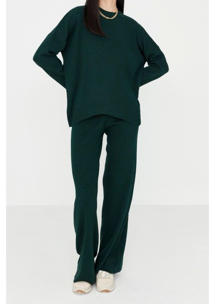 Kadın Moda Şık Boru Paça Regular Boy Uzun Kollu Basic Bisiklet Yaka Triko Alt-Üst Takım