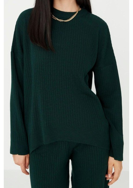 Kadın Moda Şık Boru Paça Regular Boy Uzun Kollu Basic Bisiklet Yaka Triko Alt-Üst Takım modelleri