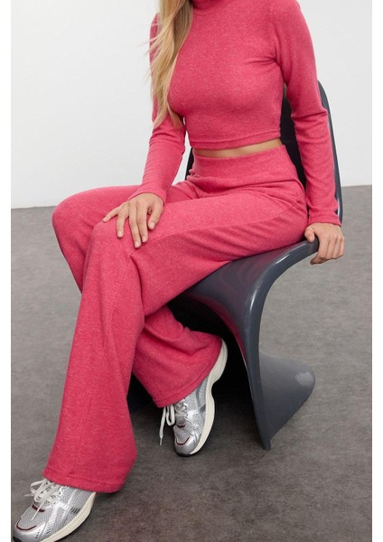 Kadın Moda Şık Geniş Paça Uzun Boy Dik Yaka Yumoş Crop ve Geniş Paça Örme Alt-Üst Takım