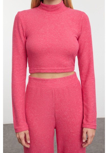 Kadın Moda Şık Geniş Paça Uzun Boy Dik Yaka Yumoş Crop ve Geniş Paça Örme Alt-Üst Takım