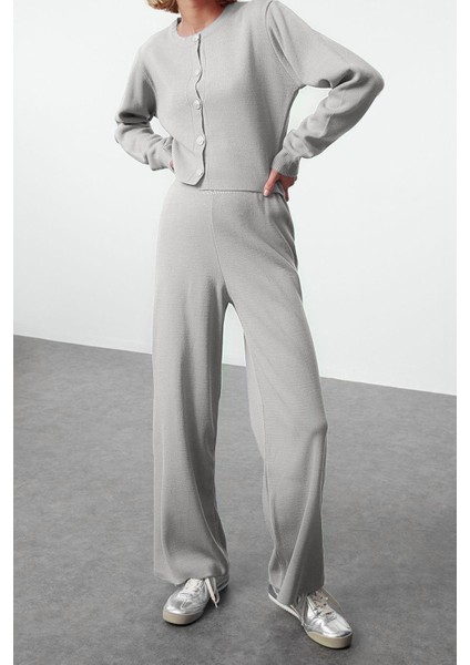 Kadın Moda Şık Regular Crop Boy Uzun Kollu Crop Hırka-Pantalon Triko Alt-Üst Takım