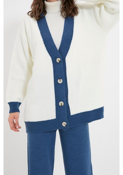 Kadın Moda Şık Geniş Paça Regular Boy Uzun Kollu Şerit Detaylı Hırka-Pantolon Triko Takım
