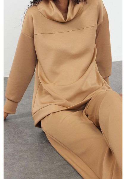Kadın Moda Şık Regular Uzun Boy Uzun Kollu Yaka Detaylı Scuba Örme Alt-Üst Takım