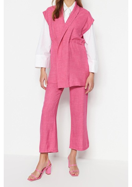 Kadın Moda Şık Boru Paça Kolsuz Içten Bağlamalı Keten Görünümlü Kimono-Pantolon Dokuma Takım