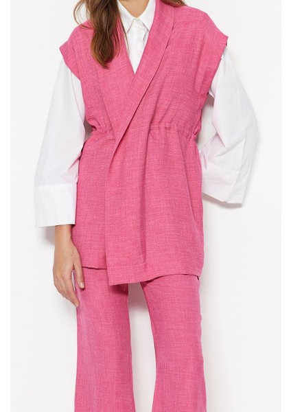 Kadın Moda Şık Boru Paça Kolsuz Içten Bağlamalı Keten Görünümlü Kimono-Pantolon Dokuma Takım fiyatları