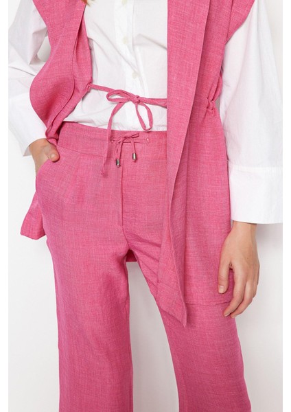 Kadın Moda Şık Boru Paça Kolsuz Içten Bağlamalı Keten Görünümlü Kimono-Pantolon Dokuma Takım indirimleri