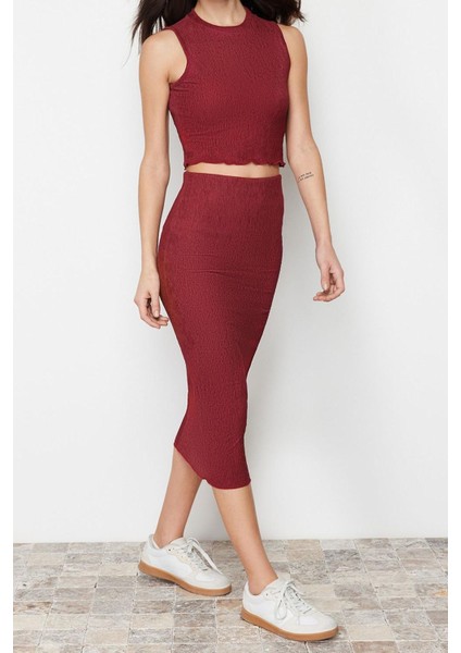 Kadın Moda Şık Regular Boy Dokulu Sıfır Kol Maxi Örme Bluz Etek Alt-Üst Takım TWOSS24AU00014