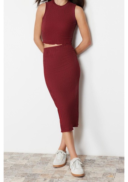 Kadın Moda Şık Regular Boy Dokulu Sıfır Kol Maxi Örme Bluz Etek Alt-Üst Takım TWOSS24AU00014