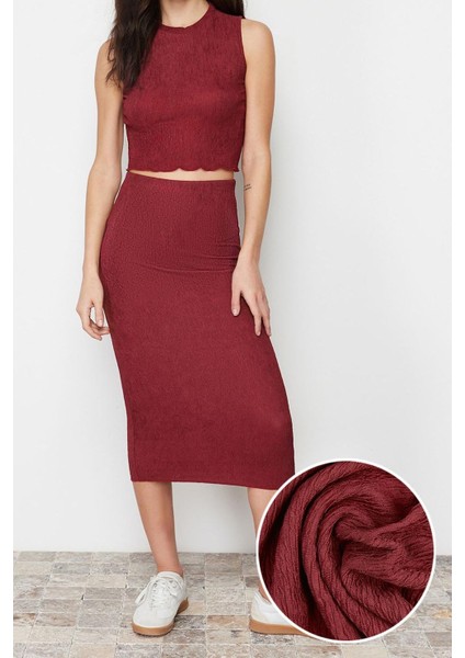 Kadın Moda Şık Regular Boy Dokulu Sıfır Kol Maxi Örme Bluz Etek Alt-Üst Takım TWOSS24AU00014