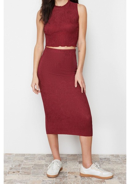 Kadın Moda Şık Regular Boy Dokulu Sıfır Kol Maxi Örme Bluz Etek Alt-Üst Takım TWOSS24AU00014