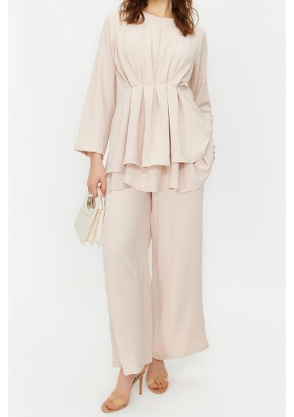 Kadın Moda Şık Regular Boy Truvakar Kollu Büzgülü Aerobin Tunik Pantolon Dokuma Alt Üst Takım