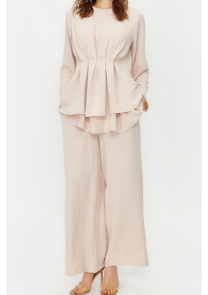 Kadın Moda Şık Regular Boy Truvakar Kollu Büzgülü Aerobin Tunik Pantolon Dokuma Alt Üst Takım fiyatları