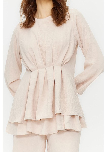 Kadın Moda Şık Regular Boy Truvakar Kollu Büzgülü Aerobin Tunik Pantolon Dokuma Alt Üst Takım modelleri