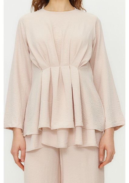 Kadın Moda Şık Regular Boy Truvakar Kollu Büzgülü Aerobin Tunik Pantolon Dokuma Alt Üst Takım fırsatları