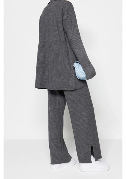 Kadın Moda Şık Geniş Paça Regular Boy Uzun Kollu Yırtmaç Detaylı Hırka-Pantolon Triko Takım indirimleri