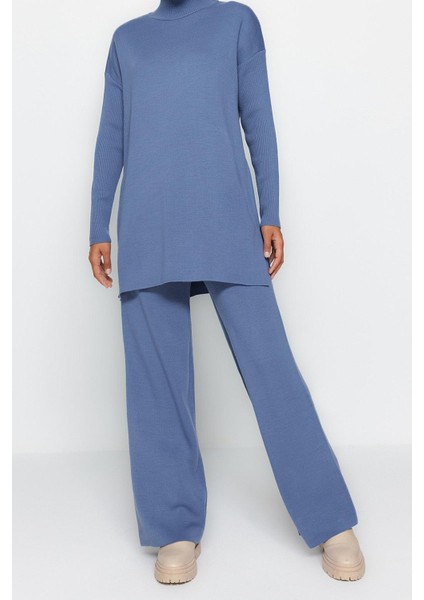 Kadın Moda Şık Geniş Paça Regular Boy Uzun Kollu Yırtmaçlı Geniş Paça Triko Alt-Üst Takım