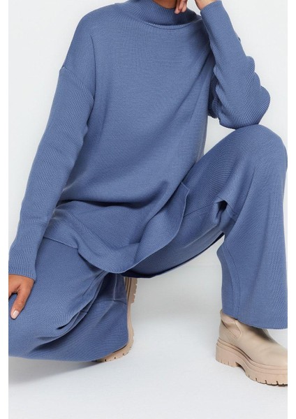 Kadın Moda Şık Geniş Paça Regular Boy Uzun Kollu Yırtmaçlı Geniş Paça Triko Alt-Üst Takım