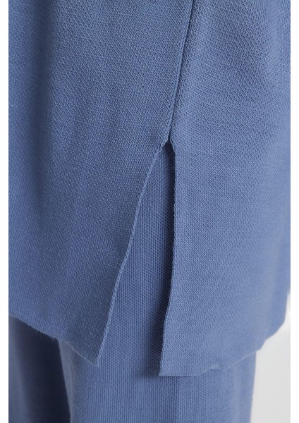Kadın Moda Şık Geniş Paça Regular Boy Uzun Kollu Yırtmaçlı Geniş Paça Triko Alt-Üst Takım