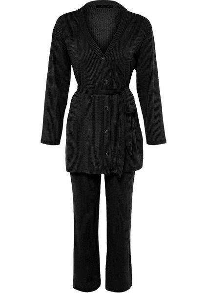 Kadın Moda Şık Boru Paça Standart Boy Siyah Kuşaklı Oversize Fitilli Örme Tunik-Pantolon Takım