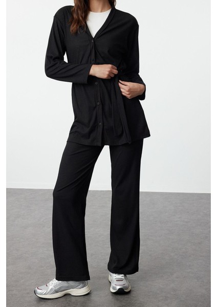 Kadın Moda Şık Boru Paça Standart Boy Siyah Kuşaklı Oversize Fitilli Örme Tunik-Pantolon Takım