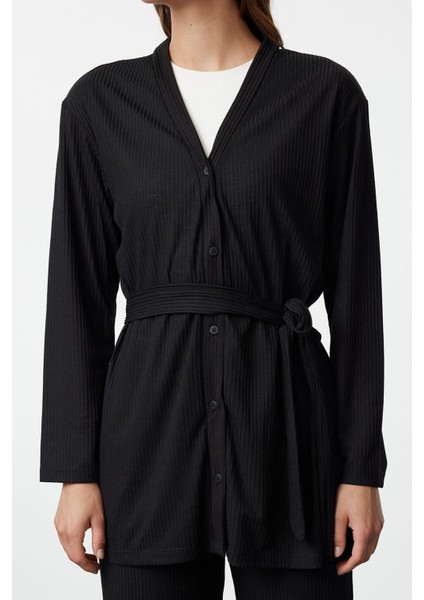 Kadın Moda Şık Boru Paça Standart Boy Siyah Kuşaklı Oversize Fitilli Örme Tunik-Pantolon Takım