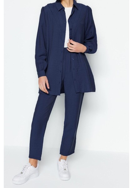 Kadın Moda Şık Geniş Paça Regular Boy Uzun Kollu Keten Görünümlü Gömlek-Pantolon Dokuma Takım modelleri