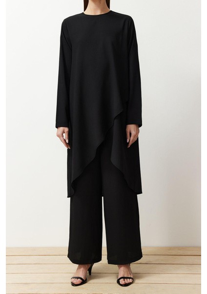 Kadın Moda Şık Boru Paça Uzun Boy Uzun Kollu Asimetrik Dokuma Tunik Pantolon Alt-Üst Takım