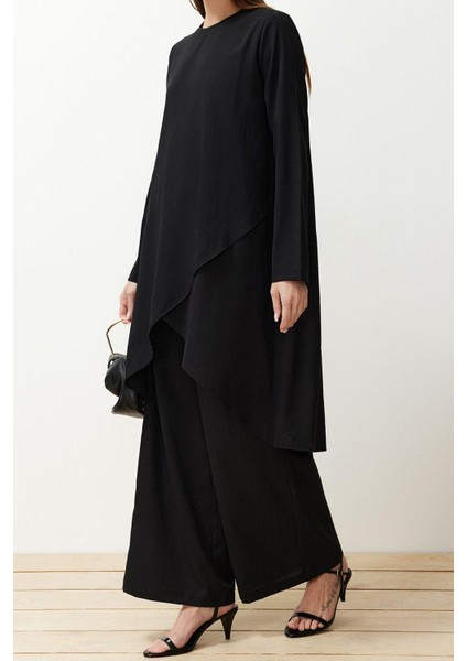 Kadın Moda Şık Boru Paça Uzun Boy Uzun Kollu Asimetrik Dokuma Tunik Pantolon Alt-Üst Takım