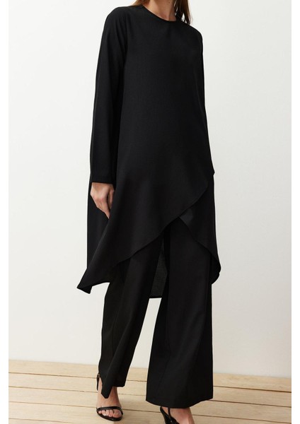 Kadın Moda Şık Boru Paça Uzun Boy Uzun Kollu Asimetrik Dokuma Tunik Pantolon Alt-Üst Takım