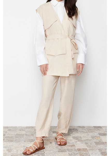 Kadın Moda Şık Regular Boy Kolsuz Keten Görünümlü Yelek Pantolon Dokuma Alt Üst Takım