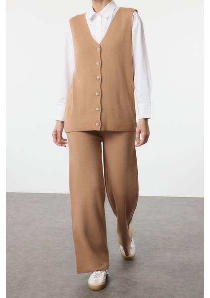 Kadın Moda Şık Regular Boy Kolsuz Triko Yelek Pantolon Alt Üst Takım