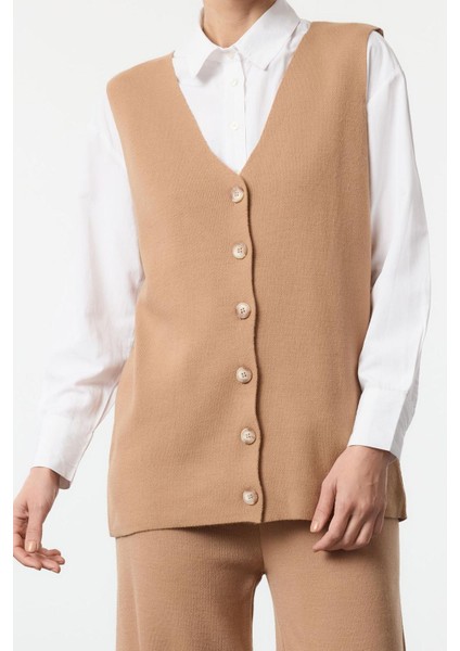 Kadın Moda Şık Regular Boy Kolsuz Triko Yelek Pantolon Alt Üst Takım