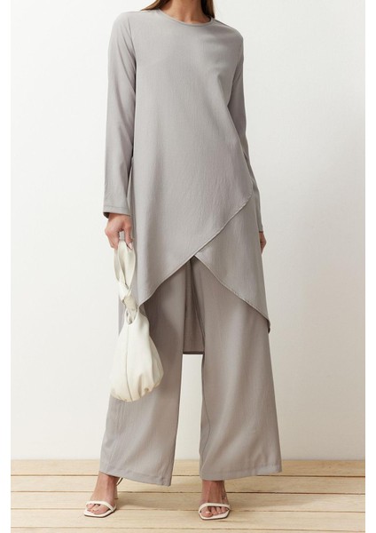 Kadın Moda Şık Boru Paça Uzun Boy Uzun Kollu Asimetrik Dokuma Tunik Pantolon Alt-Üst Takım