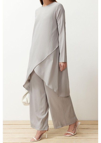 Kadın Moda Şık Boru Paça Uzun Boy Uzun Kollu Asimetrik Dokuma Tunik Pantolon Alt-Üst Takım