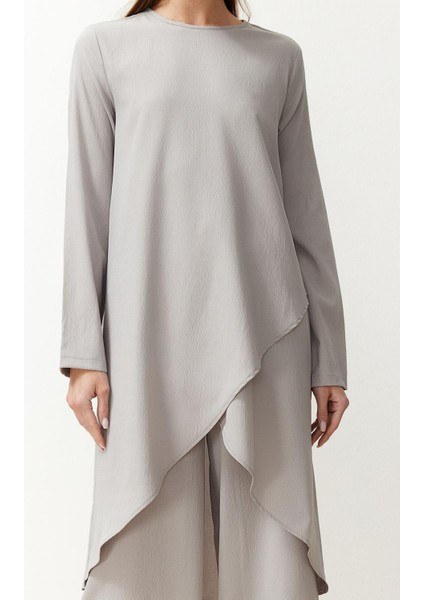 Kadın Moda Şık Boru Paça Uzun Boy Uzun Kollu Asimetrik Dokuma Tunik Pantolon Alt-Üst Takım