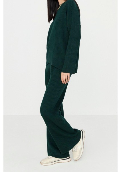Kadın Moda Şık Boru Paça Regular Boy Uzun Kollu Basic Bisiklet Yaka Triko Alt-Üst Takım