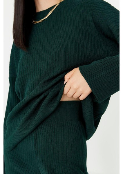 Kadın Moda Şık Boru Paça Regular Boy Uzun Kollu Basic Bisiklet Yaka Triko Alt-Üst Takım