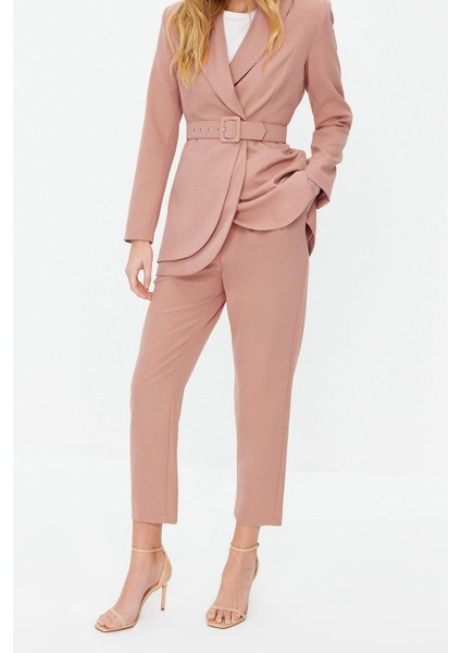 Kadın Moda Şık Regular Boy Pudra Kemerli Krep Astarlı Ceket Pantolon Dokuma Alt Üst Takım