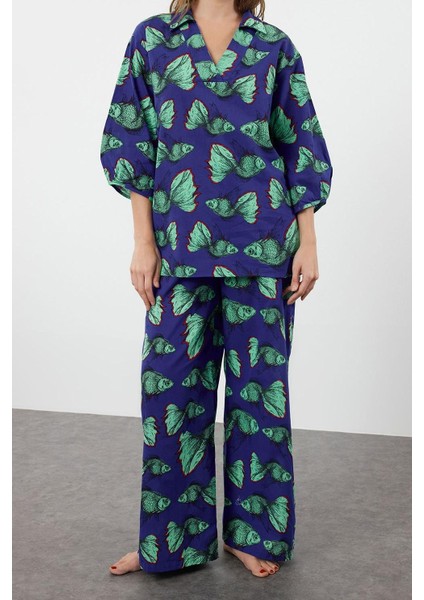 Kadın Moda Şık Regular Uzun Boy Uzun Kollu Balık Desenli Dokuma Pamuklu Bluz Pantolon Takım modelleri