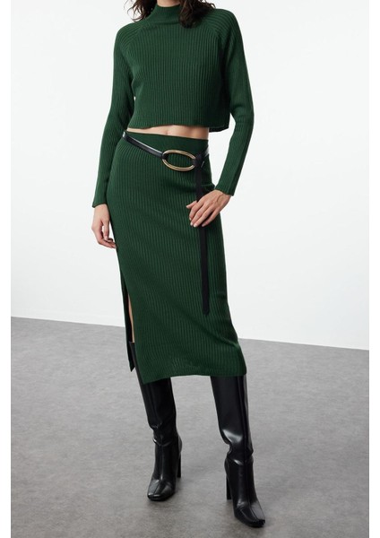 Kadın Moda Şık Geniş Paça Crop Boy Uzun Kollu Crop Kalem Etekli Triko Alt-Üst Takım