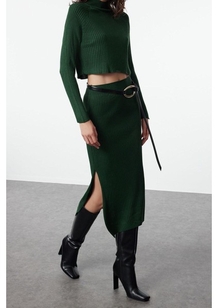 Kadın Moda Şık Geniş Paça Crop Boy Uzun Kollu Crop Kalem Etekli Triko Alt-Üst Takım