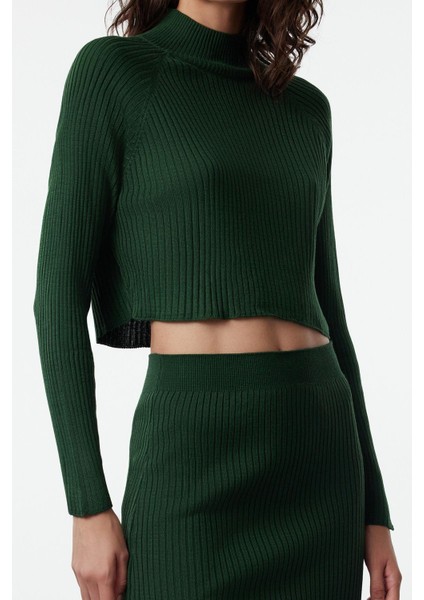 Kadın Moda Şık Geniş Paça Crop Boy Uzun Kollu Crop Kalem Etekli Triko Alt-Üst Takım