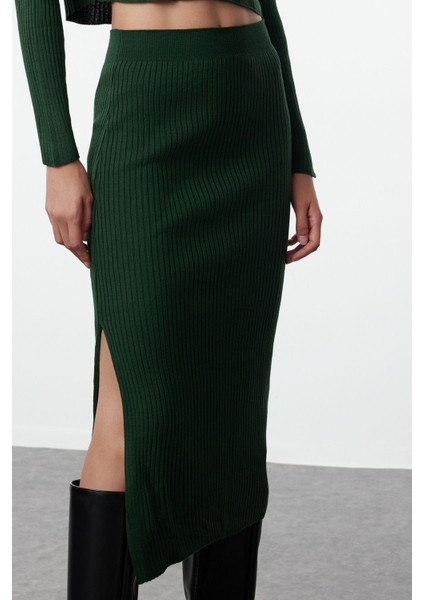 Kadın Moda Şık Geniş Paça Crop Boy Uzun Kollu Crop Kalem Etekli Triko Alt-Üst Takım