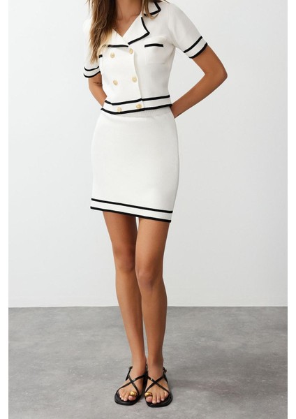 Kadın Moda Şık Regular Kısa Boy Kısa Kollu Ceket Etek Triko Alt-Üst Takım