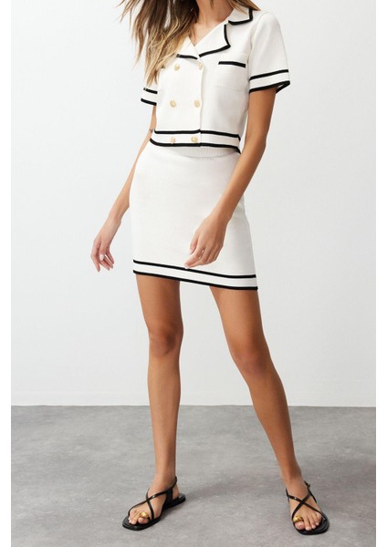 Kadın Moda Şık Regular Kısa Boy Kısa Kollu Ceket Etek Triko Alt-Üst Takım modelleri