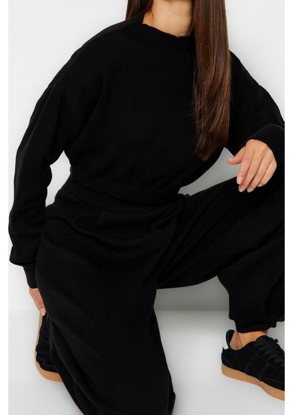 Kadın Moda Şık Regular Boy Uzun Kollu Süper Crop Jogger Pantolonlu Triko Alt-Üst Takım fırsatları